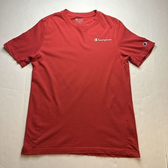 Red Champion Mens L T-Shirt Small Embroidered Logo Crew Neck Short Sleeve - Picture 1 of 7